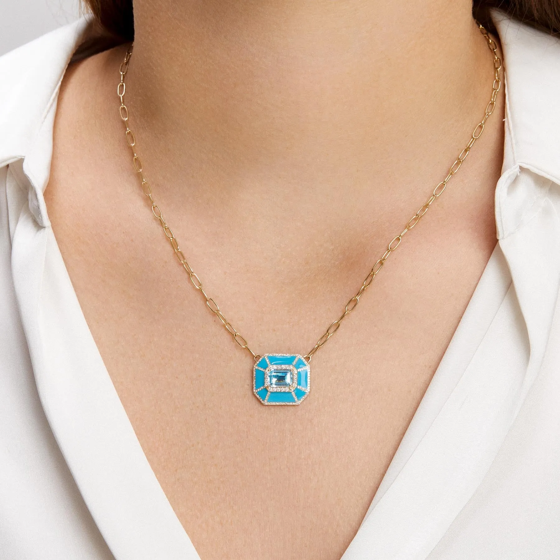 14KT Yellow Gold Blue Topaz Turquoise Enamel Diamond Deco Necklace