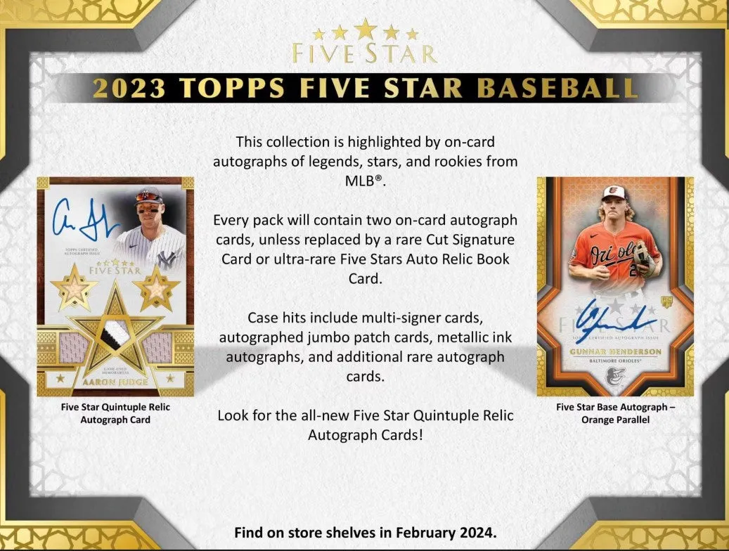 2023 Topps Five Star Baseball Hobby Box 2 Cards per Box