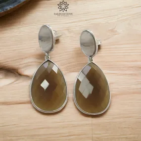 925 Sterling Silver Earring : 13.14gms Natural Agate & Rhinestone Checker Cut Pear Drop Dangle Bezel Set Push Back Earring 2"