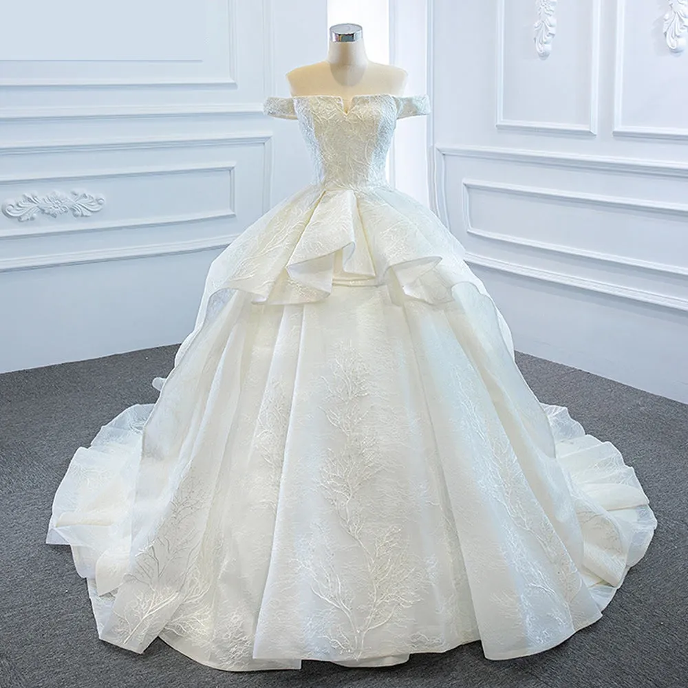 A-Line Boat Neck Lace Tiered Wedding Dress with Floor Length Chapel Train