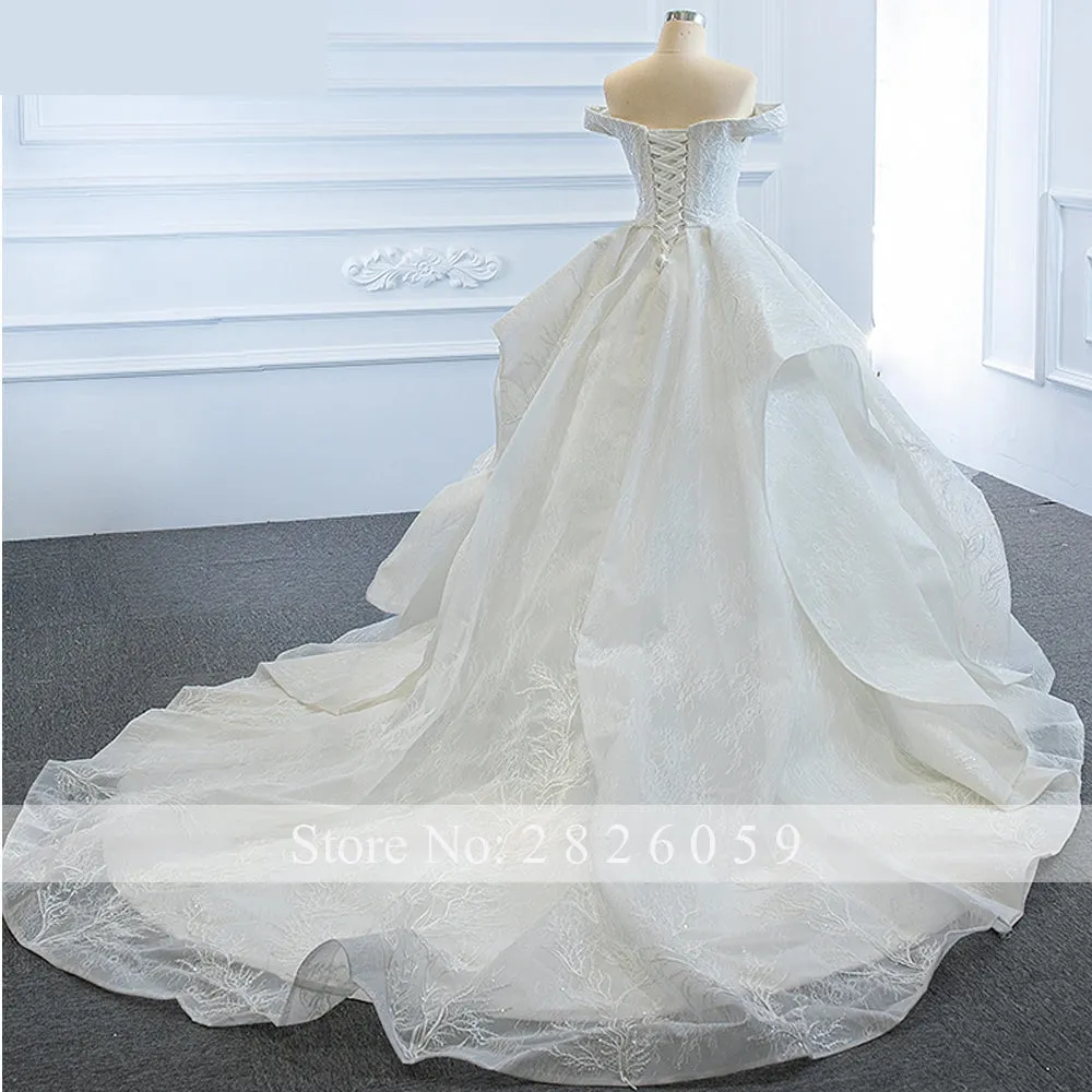 A-Line Boat Neck Lace Tiered Wedding Dress with Floor Length Chapel Train