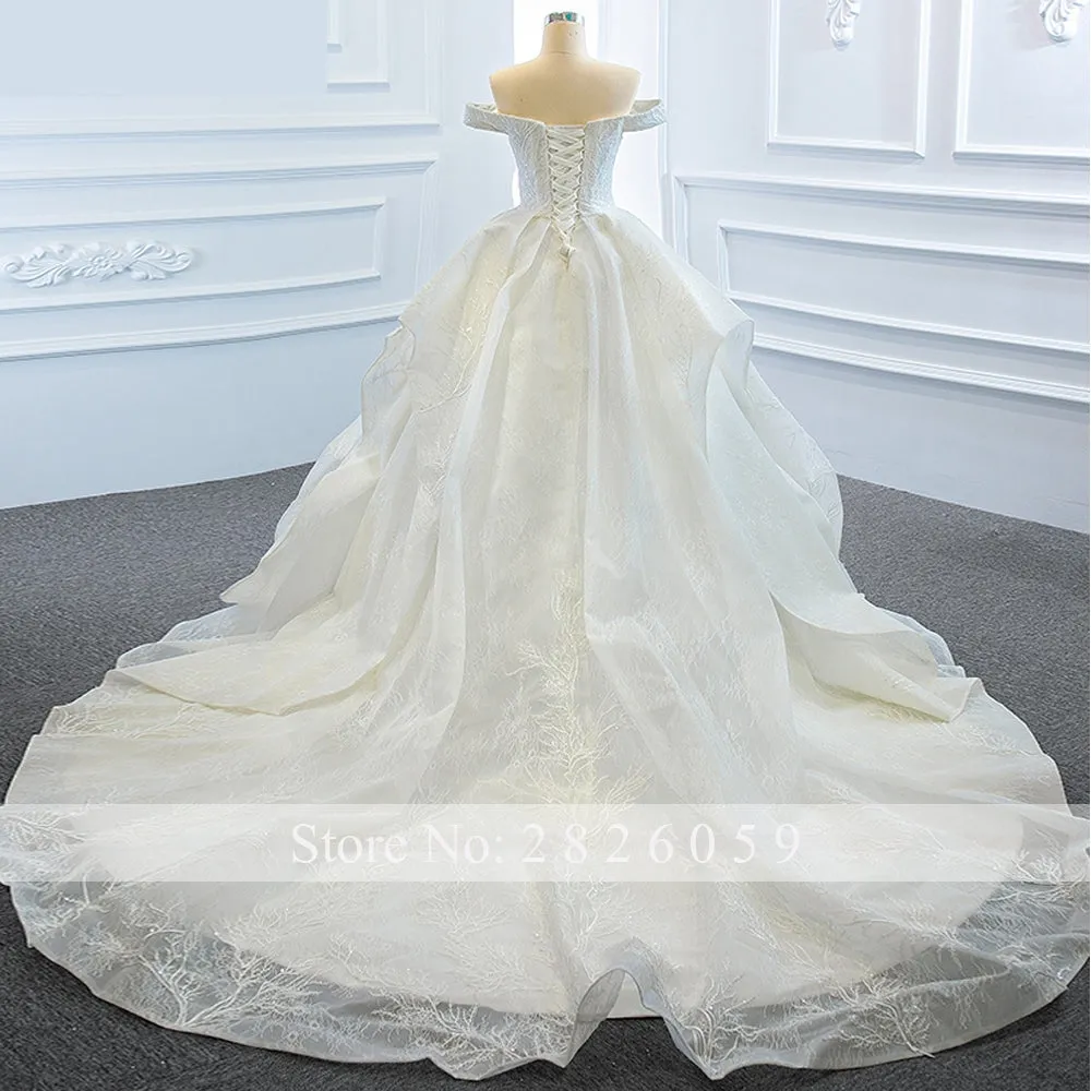 A-Line Boat Neck Lace Tiered Wedding Dress with Floor Length Chapel Train