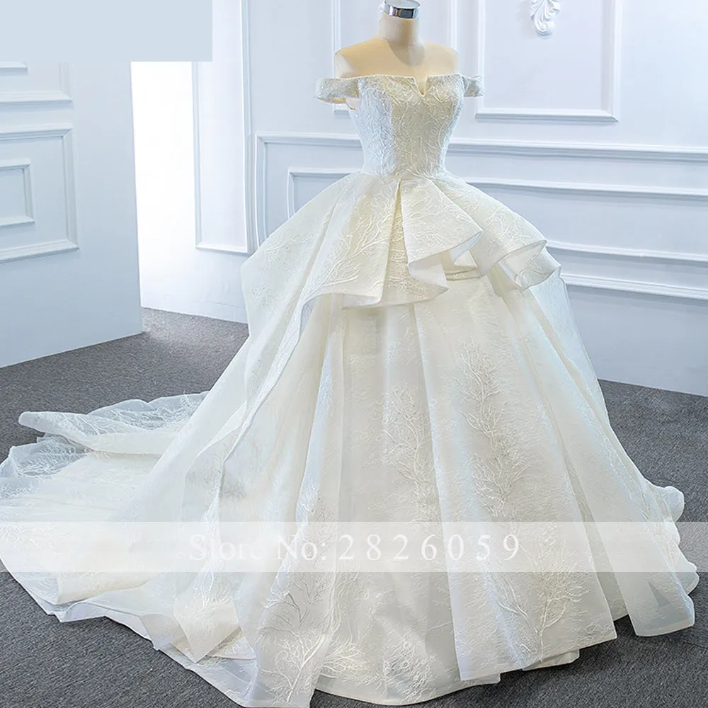 A-Line Boat Neck Lace Tiered Wedding Dress with Floor Length Chapel Train