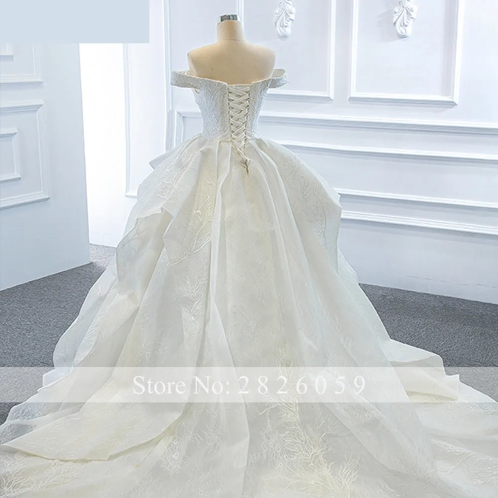 A-Line Boat Neck Lace Tiered Wedding Dress with Floor Length Chapel Train