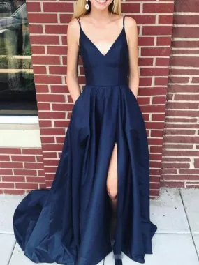 A Line V Neck Long Navy Blue Spaghetti Straps Prom Dresses, Navy Blue Side Slit Formal Graduation Dresses,  Blue Spaghetti Straps Evening Dresses With Pockets