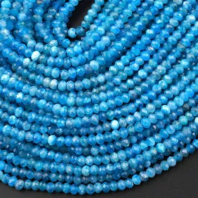 AAA Faceted Natural Blue Apatite 3mm 4mm Rondelle Beads Micro Cut Gemstone 15.5" Strand