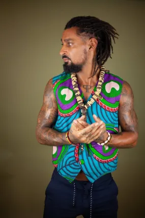 African Waistcoat in Blue Green Ankara - Reversible