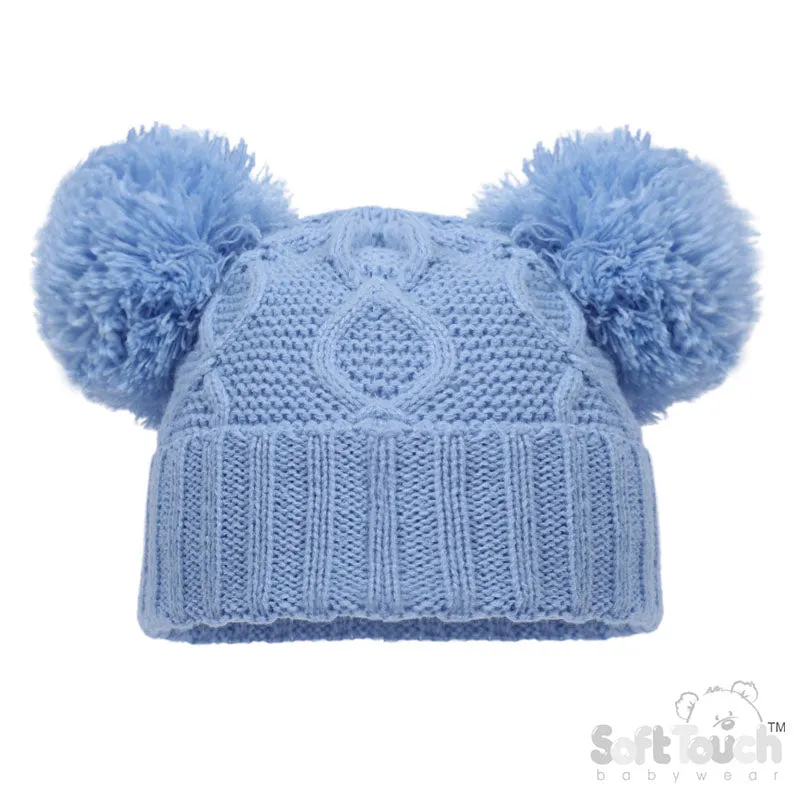 Baby Blue 'Chain' Knit Hat W/2 Pom Pom (NB-12m) (PK6) H660-BB