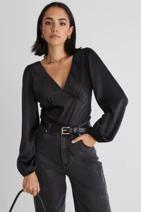 Bailey Black Satin Bias Balloon Sleeve Top