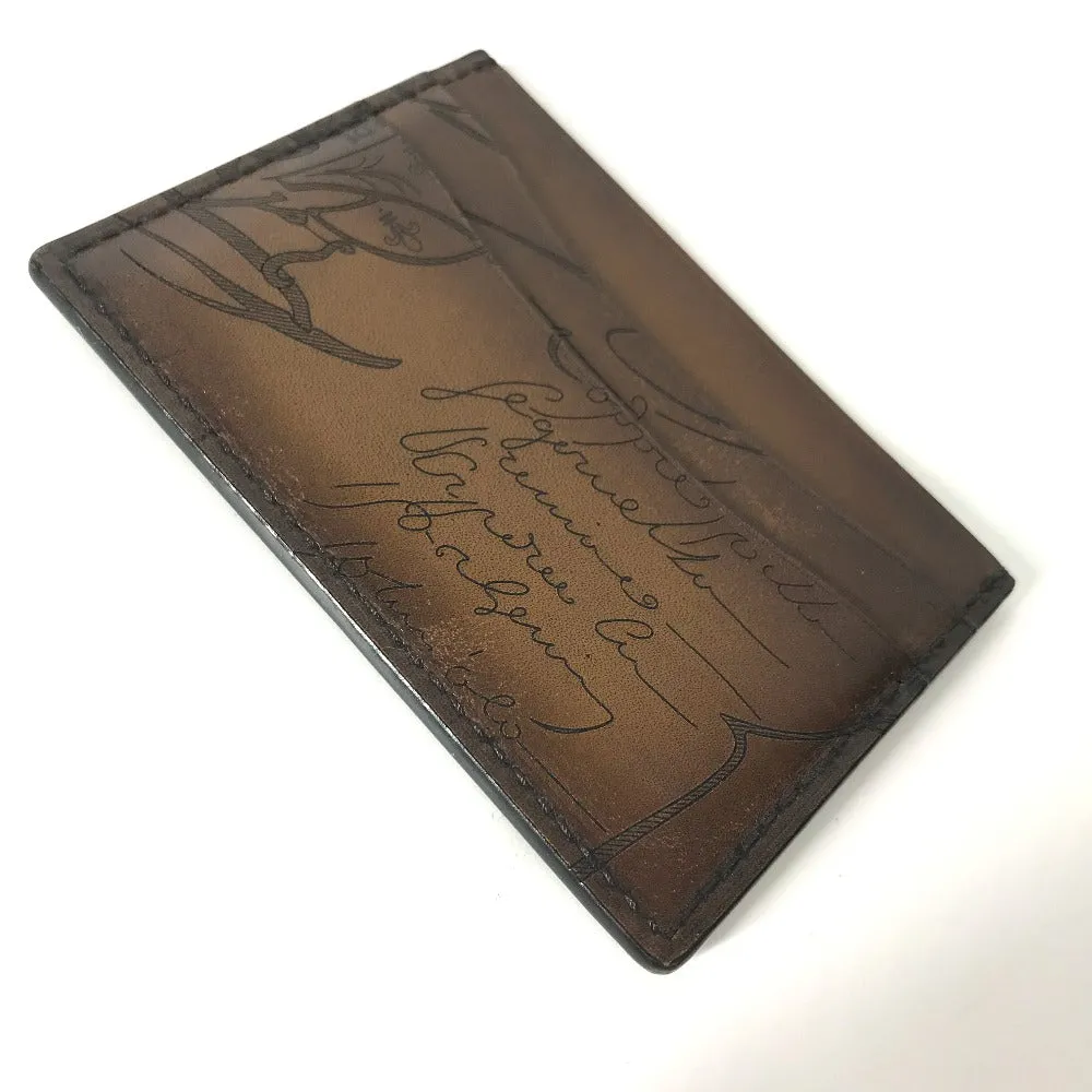 Berluti Card Case leather Brown Calligraphy mens Used Authentic