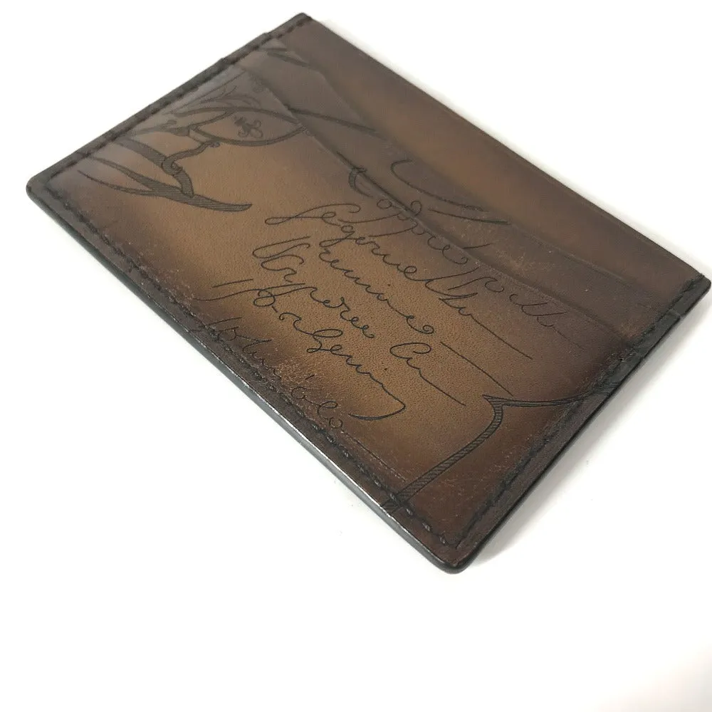 Berluti Card Case leather Brown Calligraphy mens Used Authentic