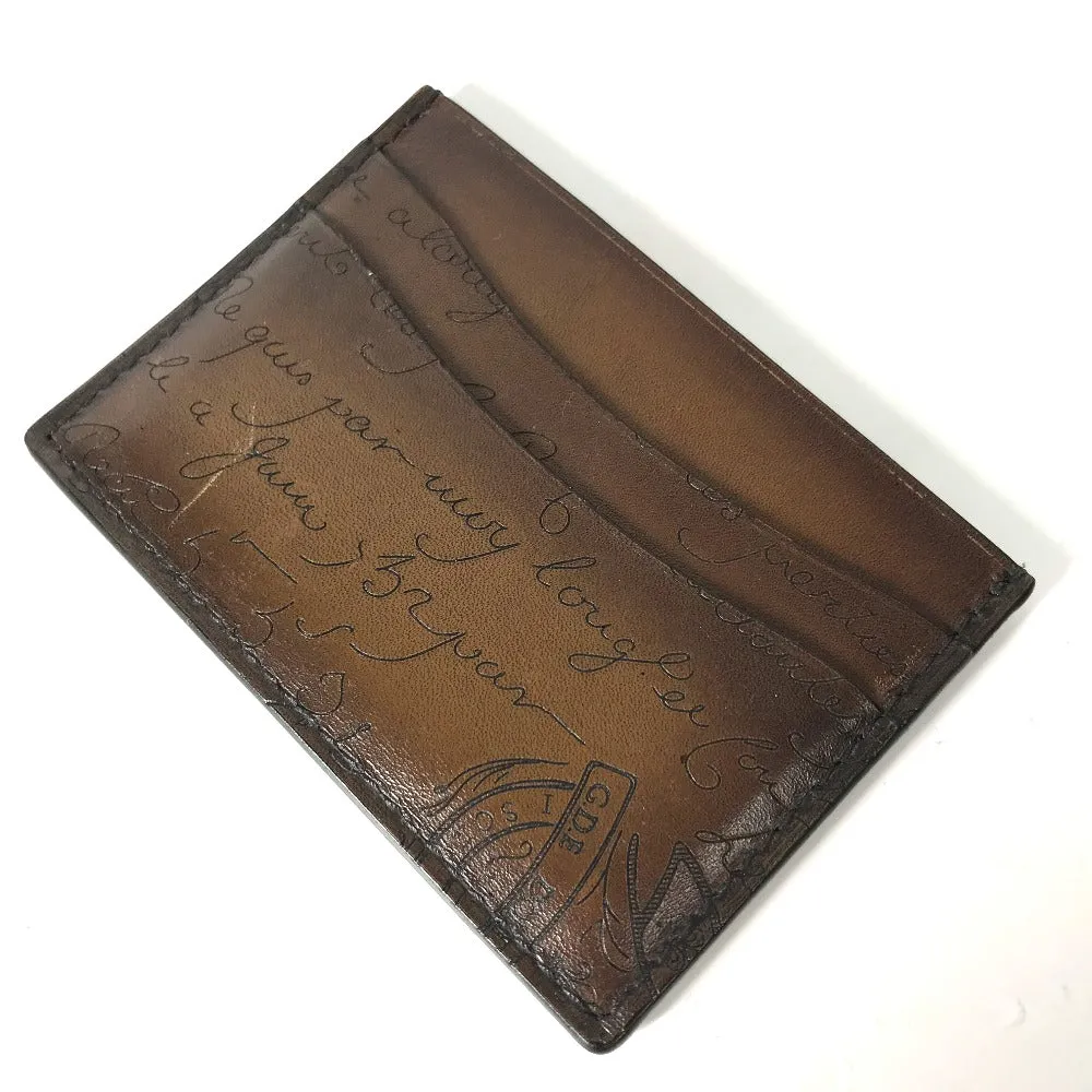 Berluti Card Case leather Brown Calligraphy mens Used Authentic