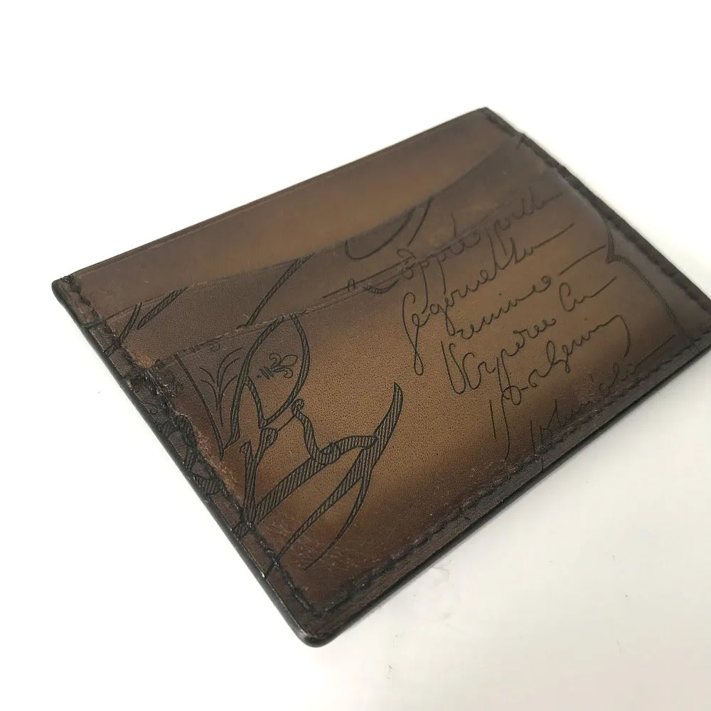 Berluti Card Case leather Brown Calligraphy mens Used Authentic