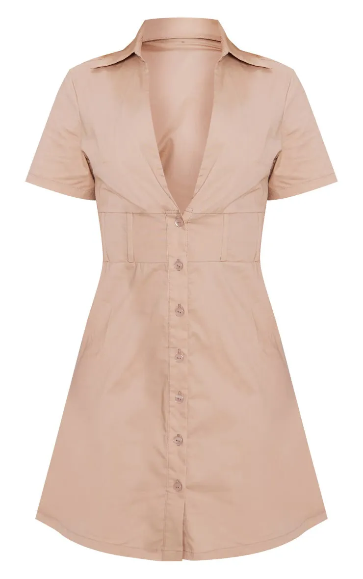 Binded plunge short sleeve short dress in nude