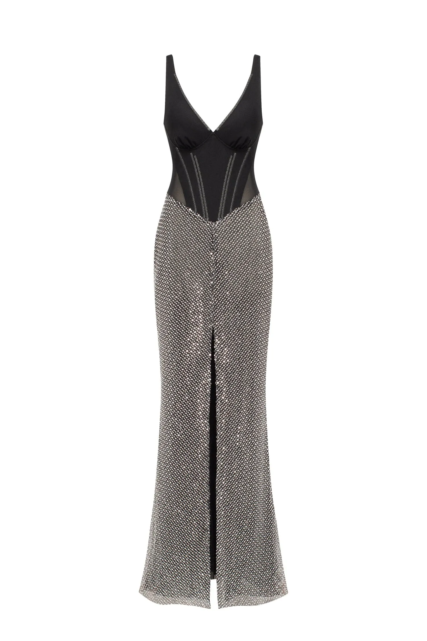 Black corset maxi dress with silver sequined maxi skirt, Smoky Quartz