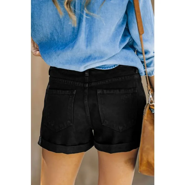 Black Distressed Denim Shorts