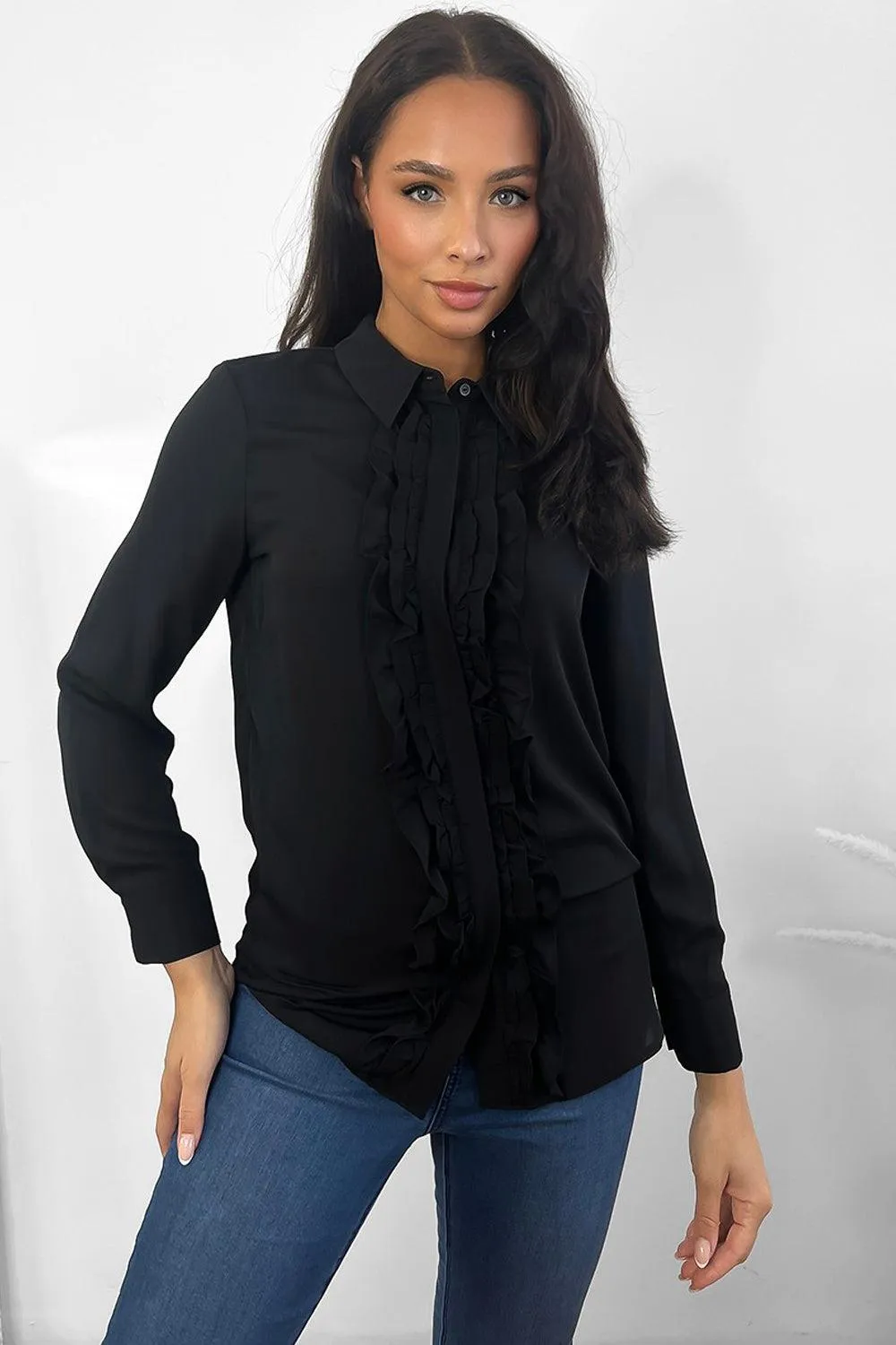 Black Frilled Button Placket Shirt