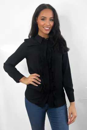 Black Frilled Button Placket Shirt