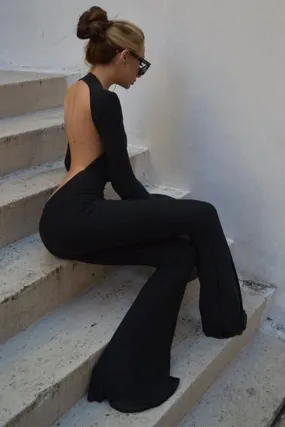 Black Long Sleeve Flare Backless Jumpsuit