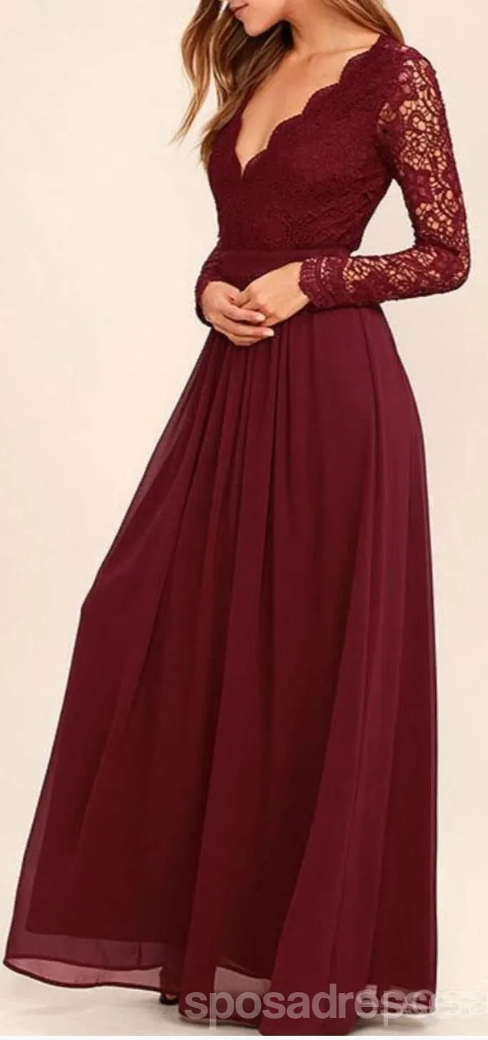 Cheap Burgundy Long Sleeve Lace Custom Long Bridesmaid Gowns, BD0250