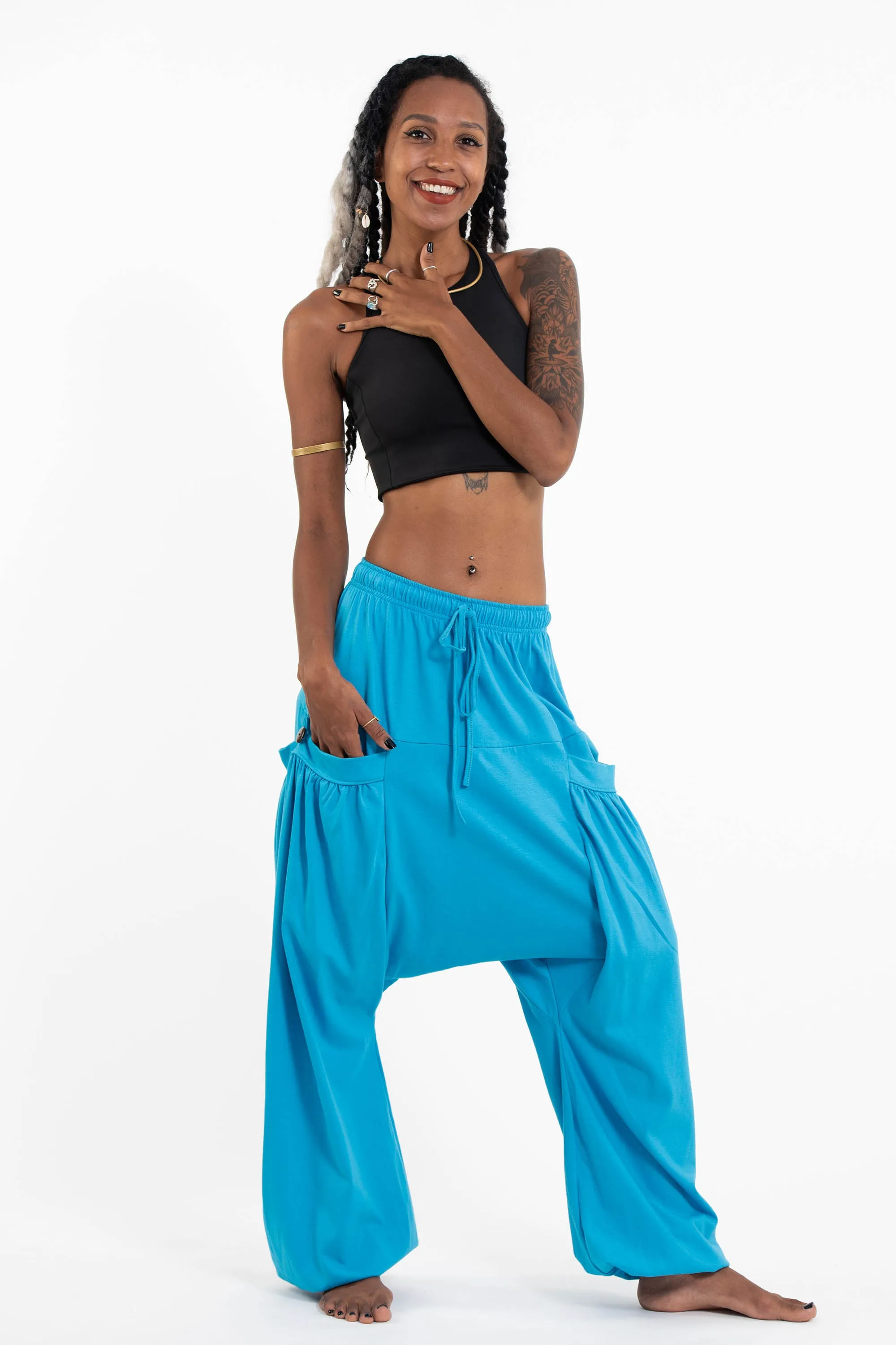 Cotton Women Harem Pants in Solid Light Blue