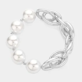 Cream Pearl Accented Silver Metal Chain Stretch Bracelet