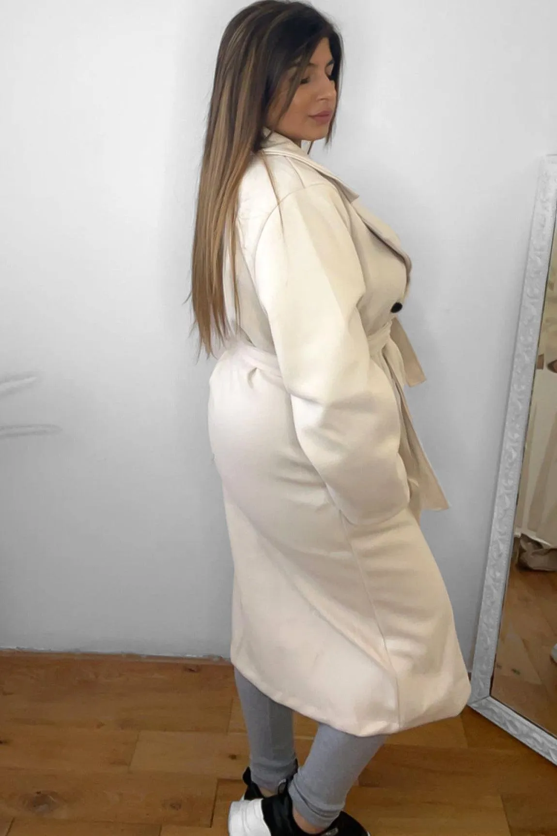 Double Breasted Self Tie Belt Midi Coat