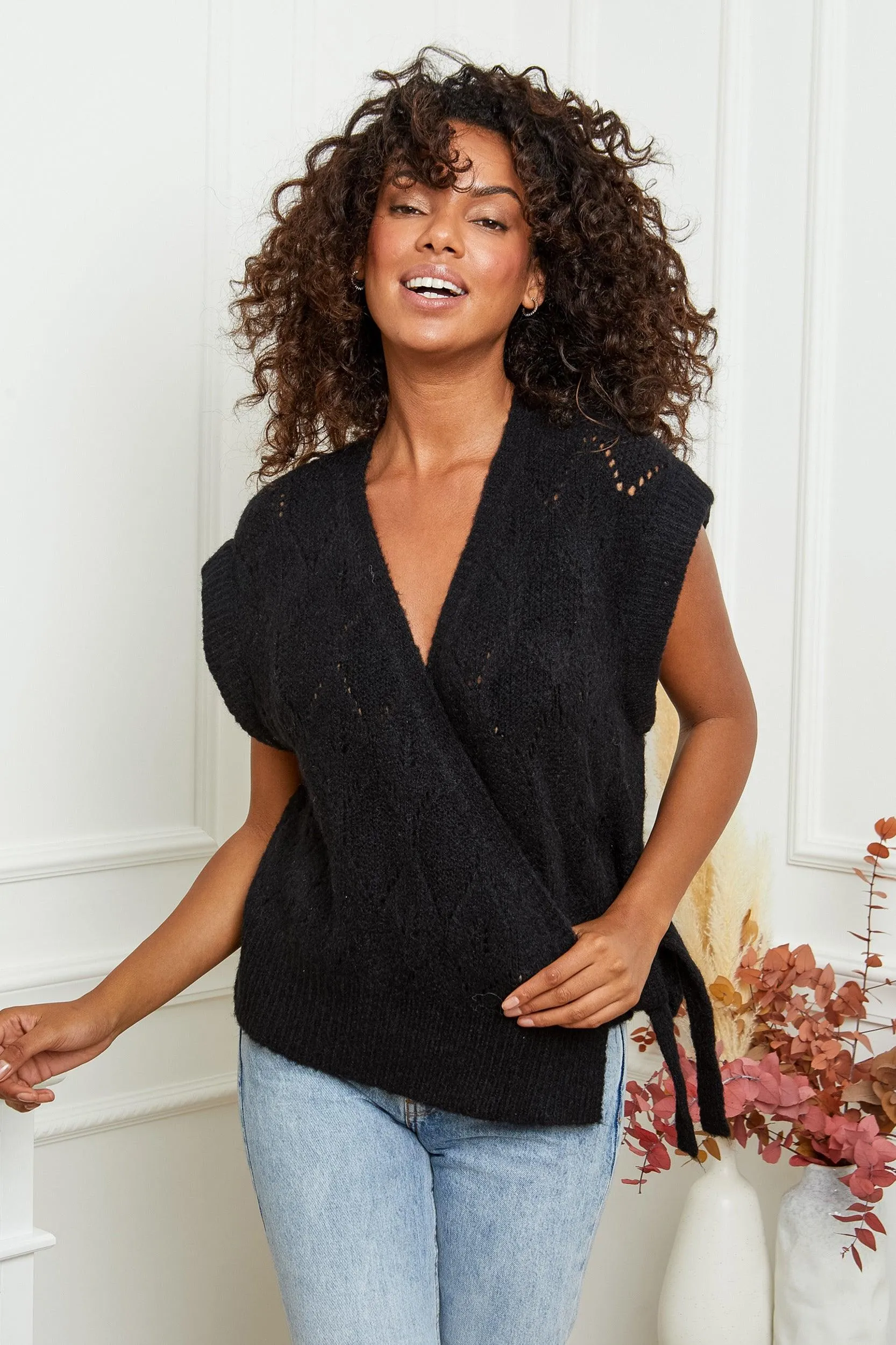 Emma Knit Wrap Vest in Black