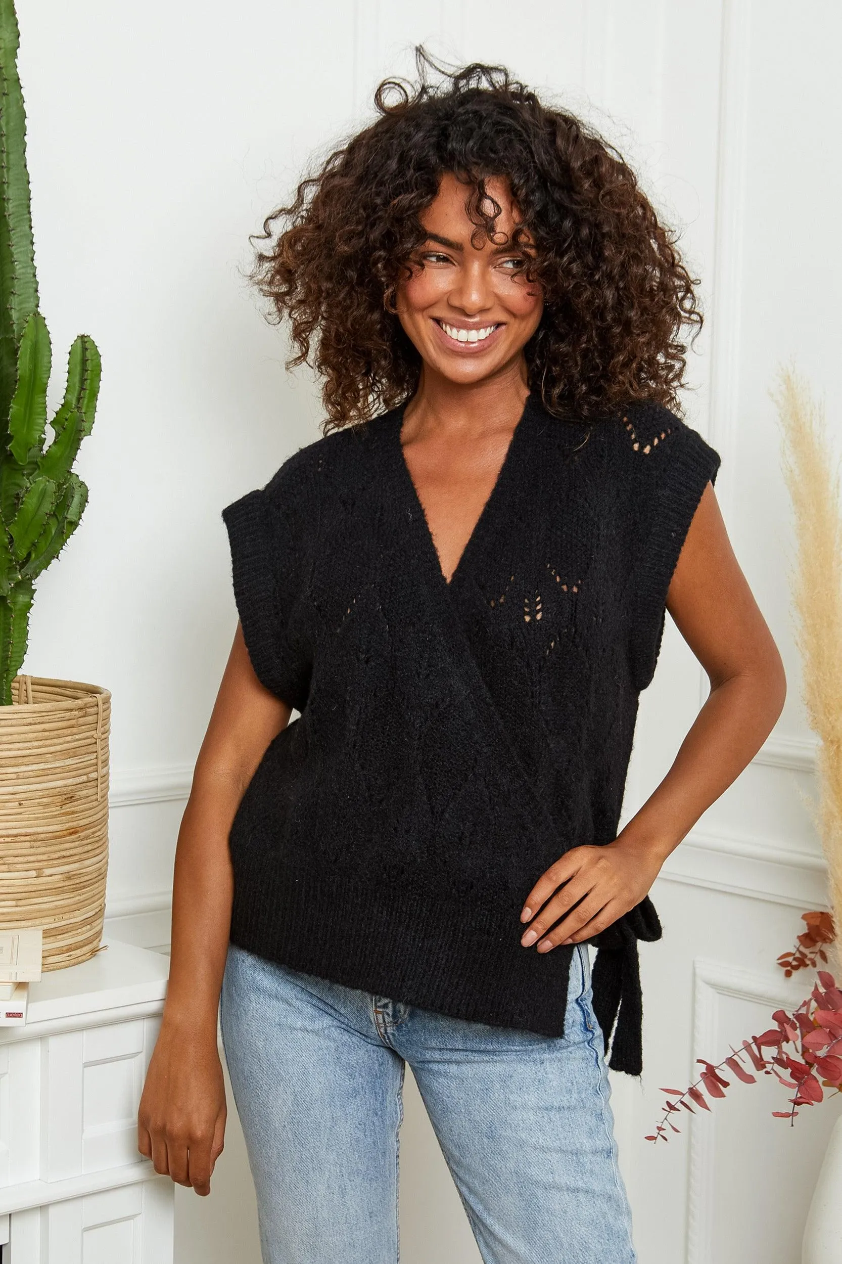 Emma Knit Wrap Vest in Black