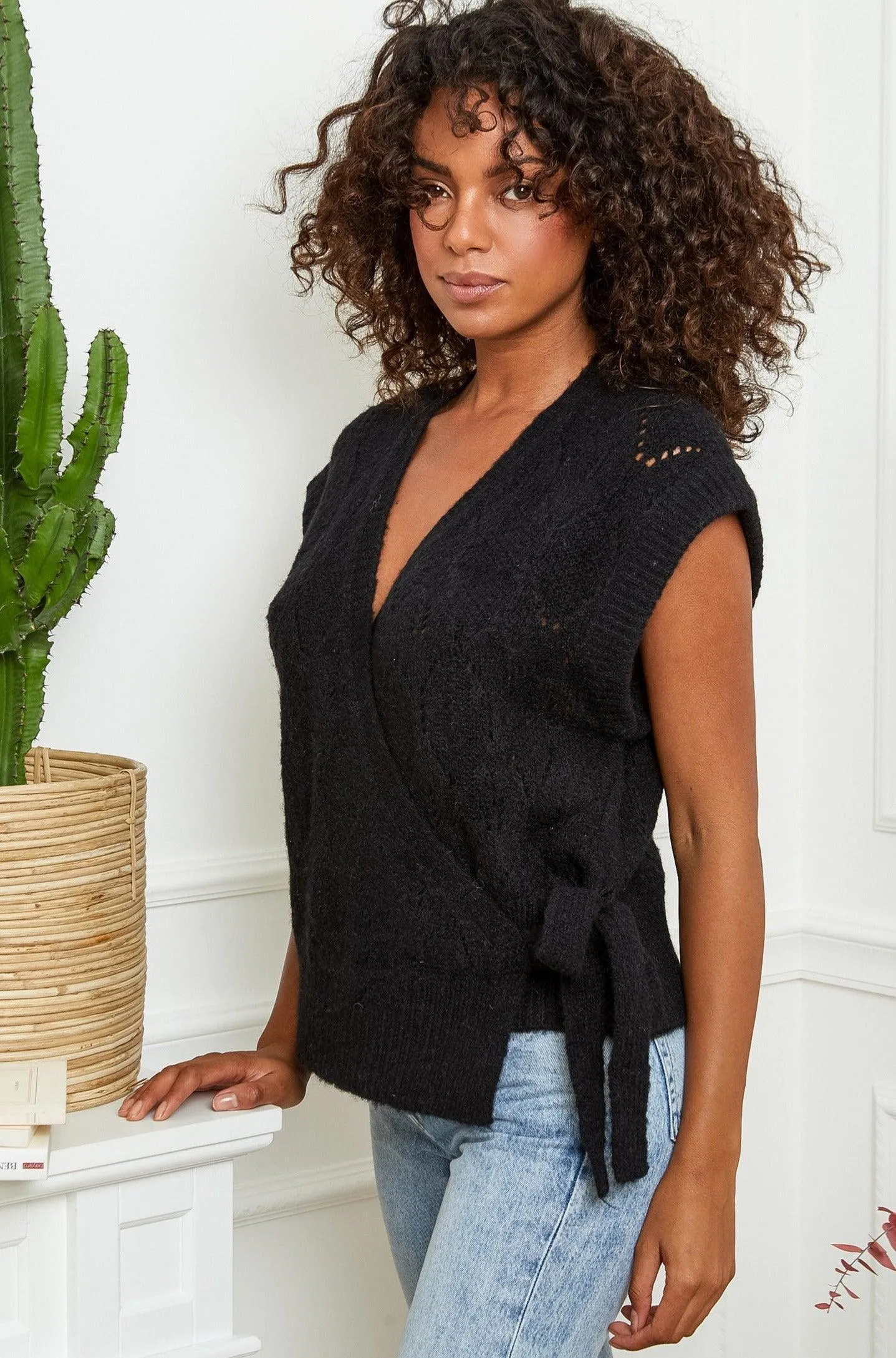 Emma Knit Wrap Vest in Black