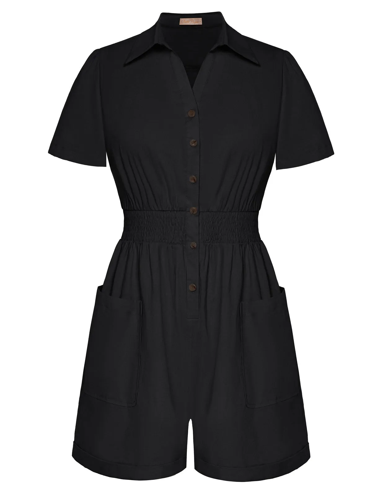 Fans Look of Elastic Waist Romper Short Sleeve Lapel Collar Button-up Playsuit