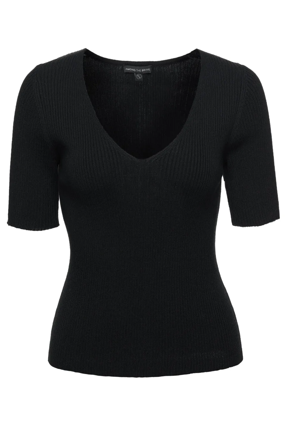 Focused Black Rib Knit Half Sleeve V Neck Top