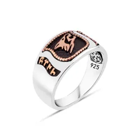 Gokturk Wolf Symbol on Wedding Band Silver Men's Ring