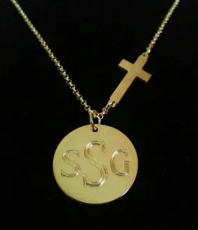 Gold Side Cross and Disc Necklace-Kardashians