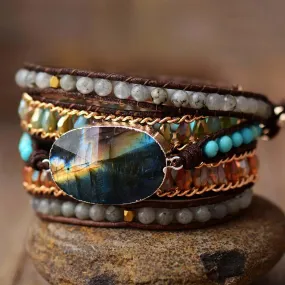 Labradorite Charm & Jasper Wrap Bracelet