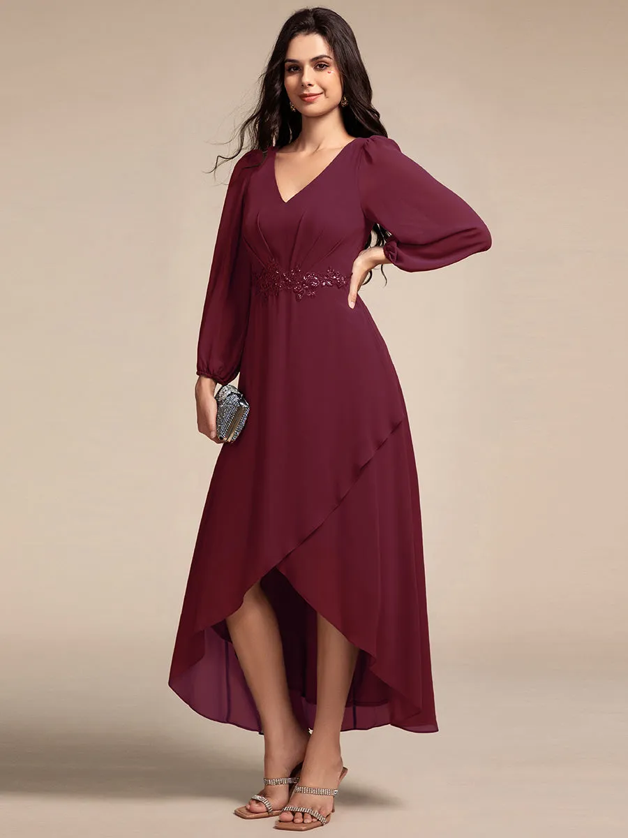 Long Lantern Sleeves Waist Applique Chiffon Formal Evening Dress