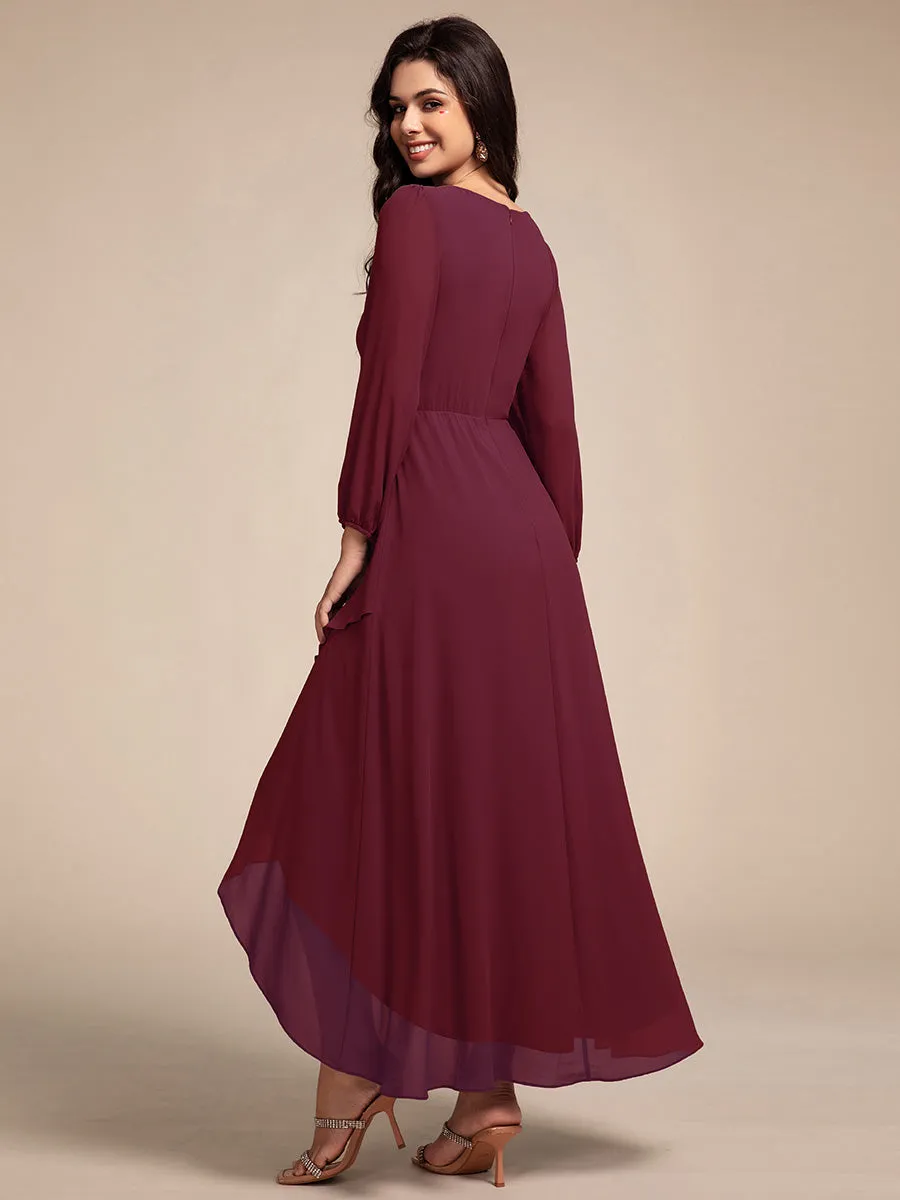 Long Lantern Sleeves Waist Applique Chiffon Formal Evening Dress