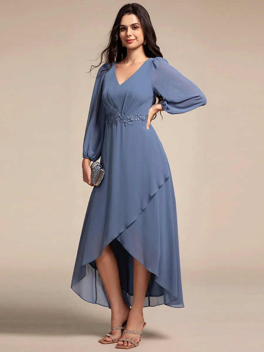 Long Lantern Sleeves Waist Applique Chiffon Formal Evening Dress