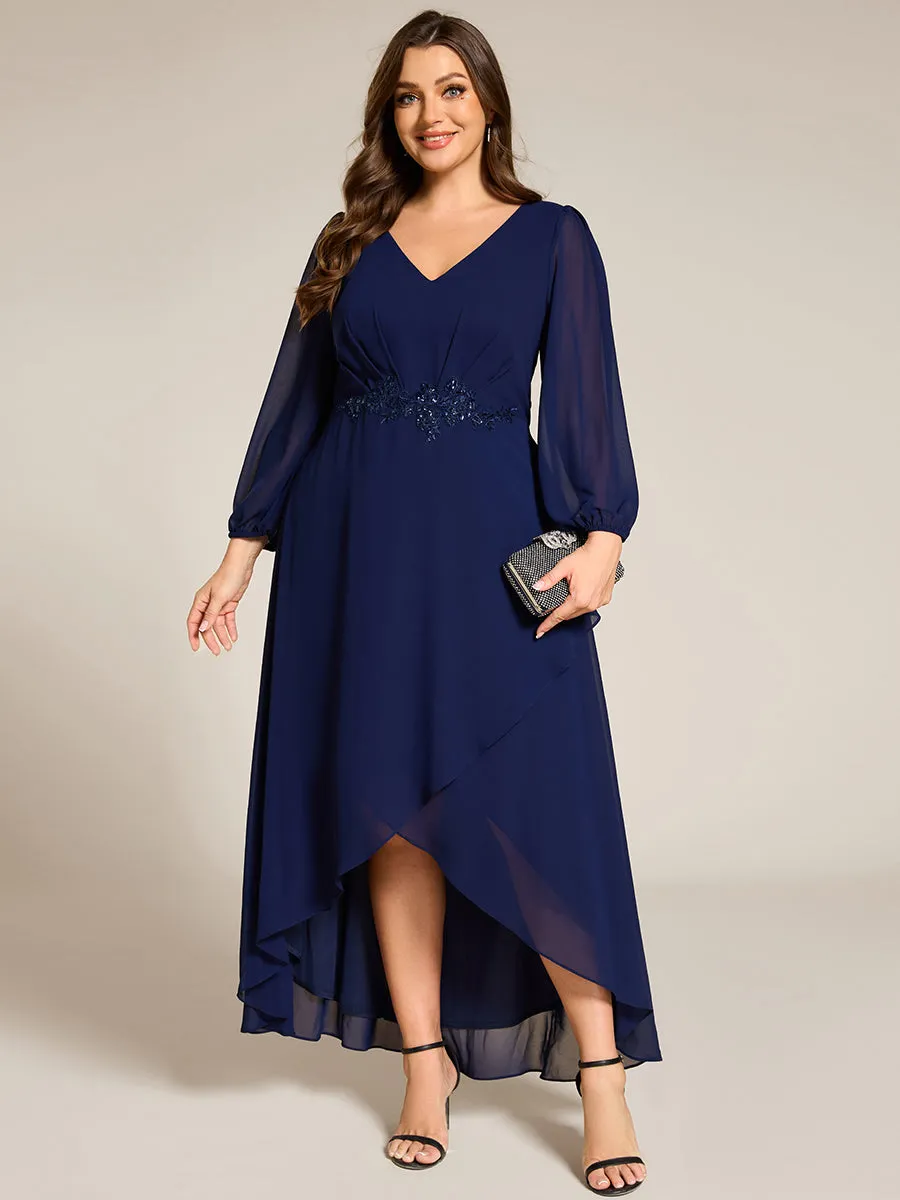 Long Lantern Sleeves Waist Applique Chiffon Formal Evening Dress