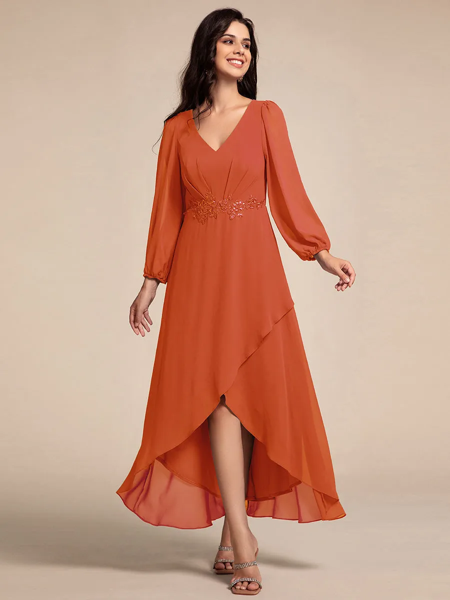 Long Lantern Sleeves Waist Applique Chiffon Formal Evening Dress