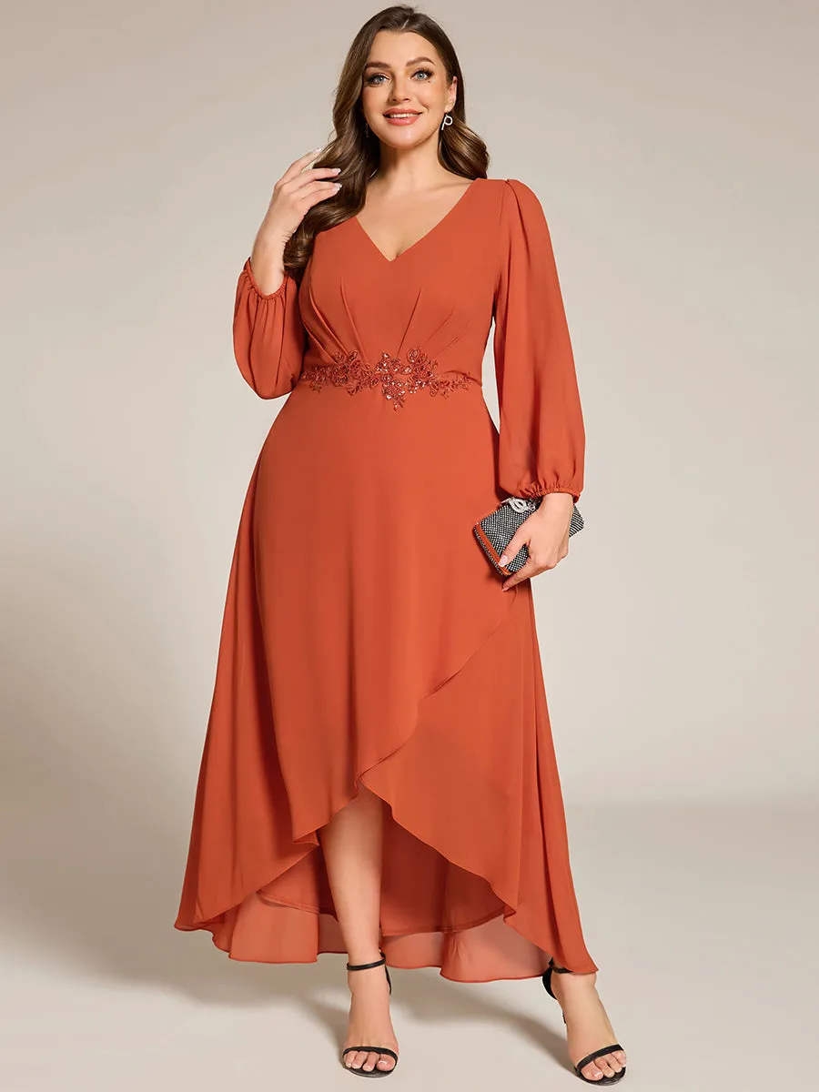 Long Lantern Sleeves Waist Applique Chiffon Formal Evening Dress