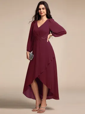 Long Lantern Sleeves Waist Applique Chiffon Formal Evening Dress