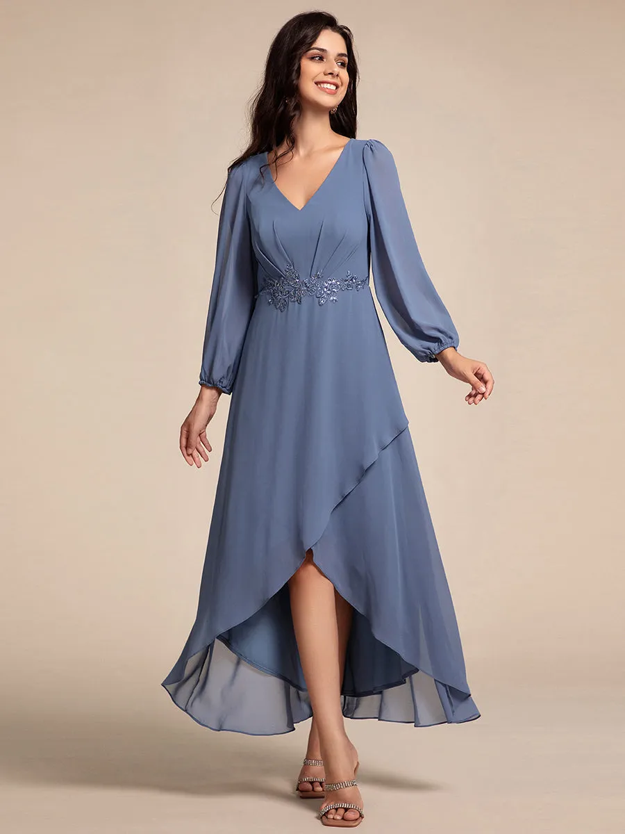 Long Lantern Sleeves Waist Applique Chiffon Formal Evening Dress