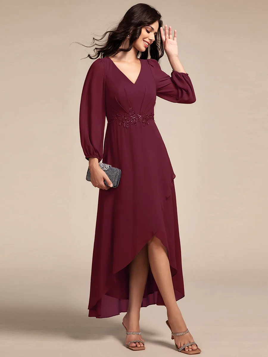 Long Lantern Sleeves Waist Applique Chiffon Formal Evening Dress