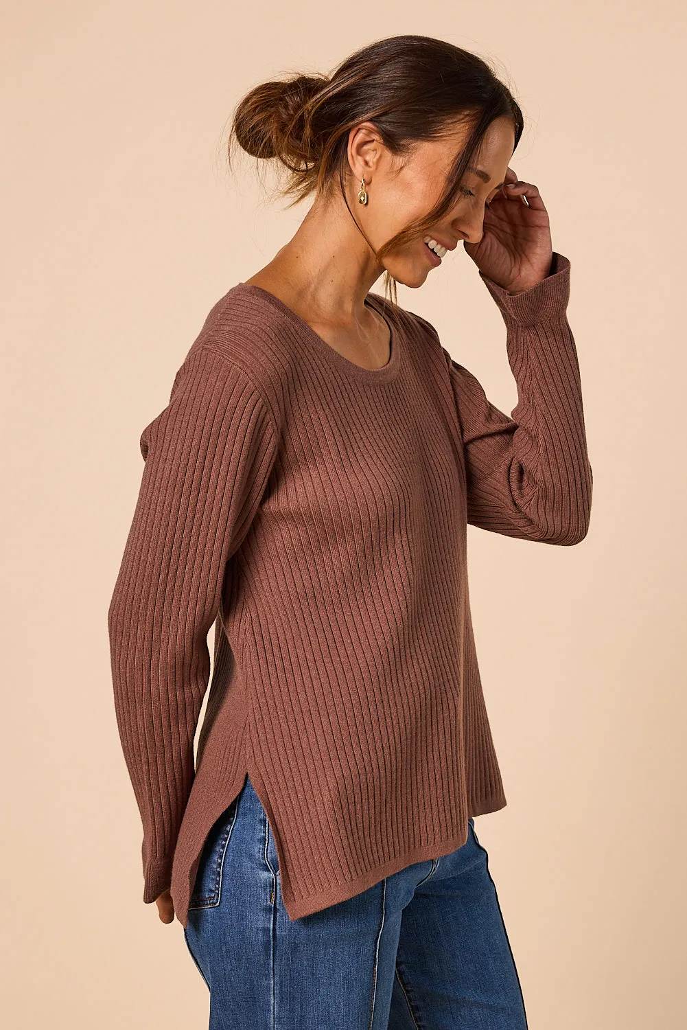 Long Sleeve Knitted Top in Cacao