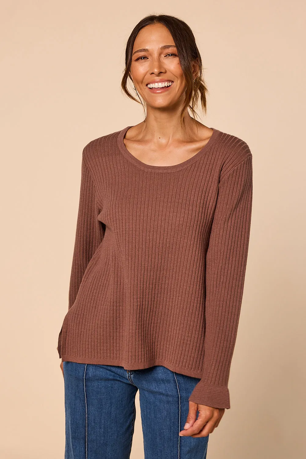 Long Sleeve Knitted Top in Cacao