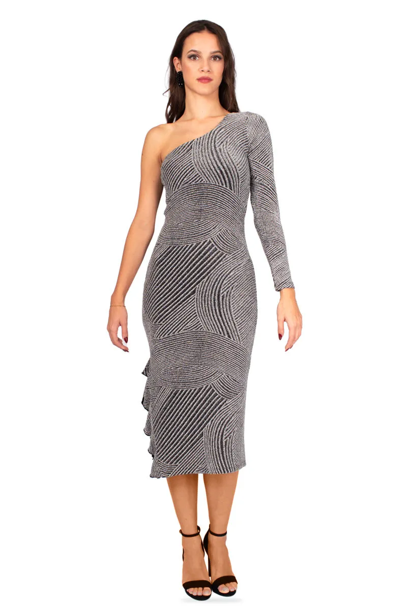 One-Sleeved Silver Midi Dress With Side Ruffles