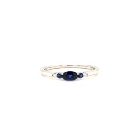 Oval Sapphire Ring with Two Side Sapphires and Diamonds in 14K White Gold