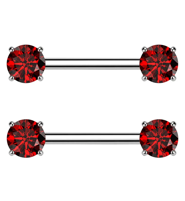 Prong Red CZ Threadless Titanium Nipple Barbells