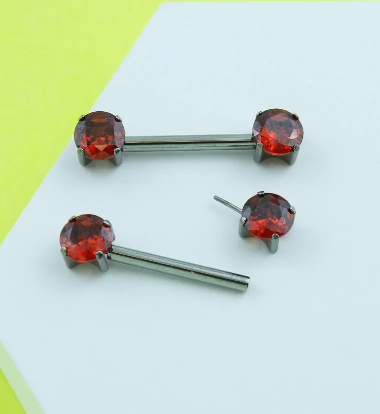 Prong Red CZ Threadless Titanium Nipple Barbells